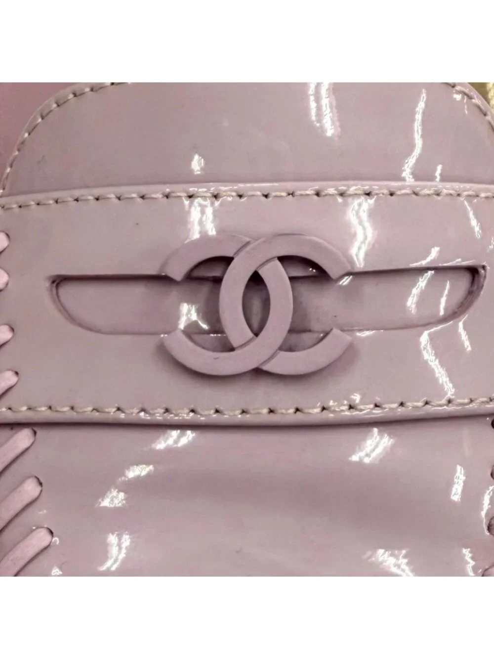 Chanel CC Logo Square Toe Patent Leather Loafers Purple
